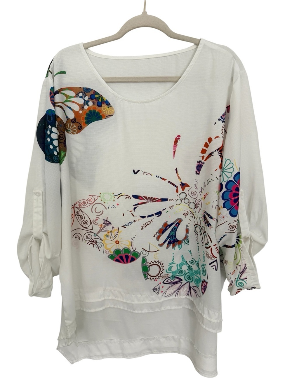 White Multicolor Butterfly Abstract Blouse – Size 22/24W